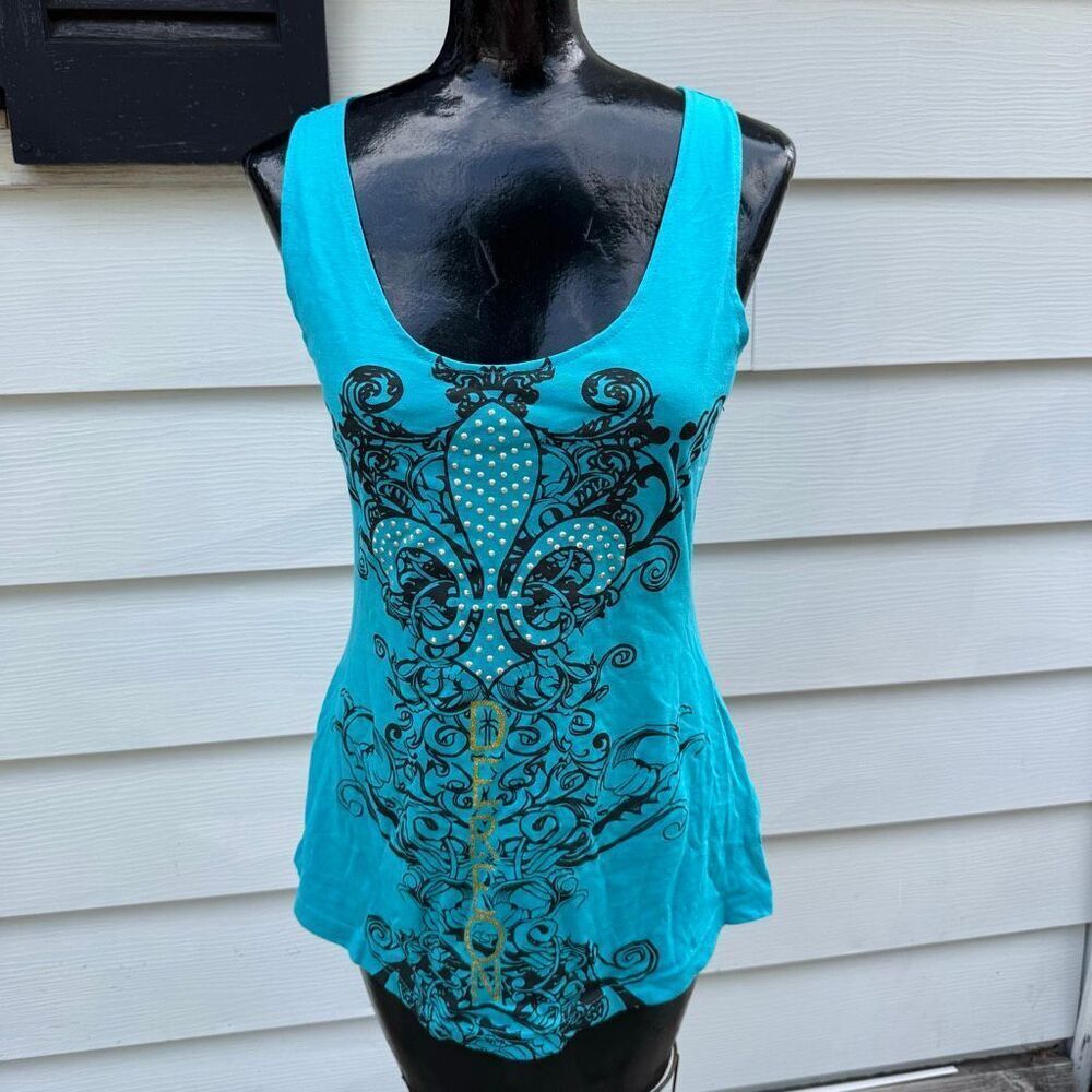 Y2K Dereon Studded Fleur De Lis Tank Top Cutout Back